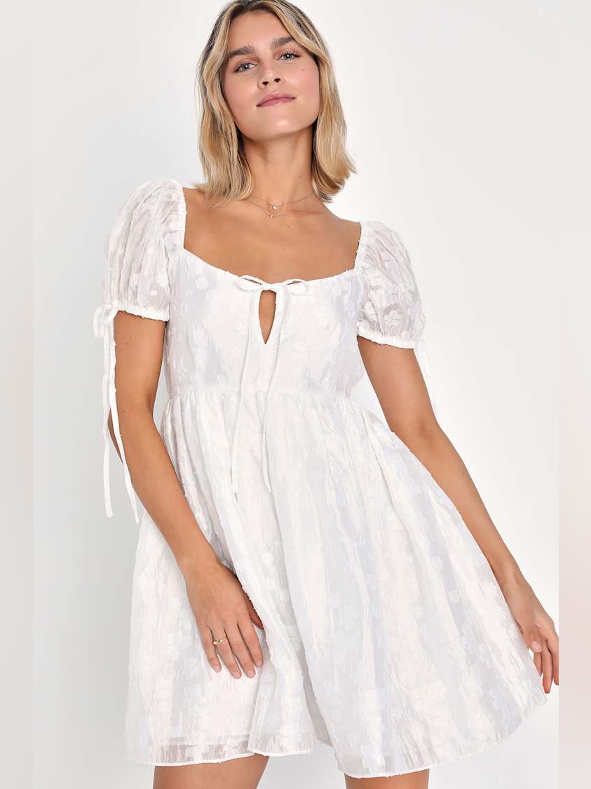 Lulus White Puff Sleeve Tie-Front Mini Dress